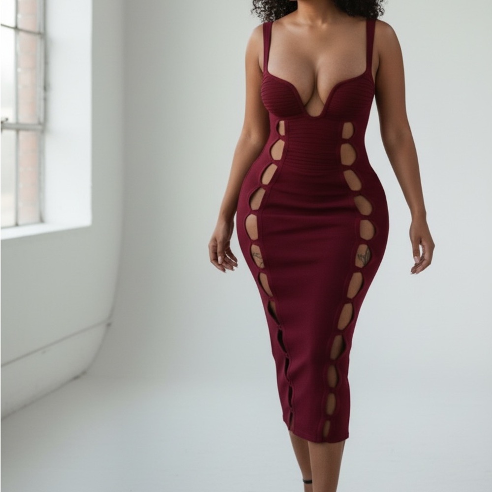 Burgundy Cutout Bodycon Midi Dress | Sexy Night Out Party Dress